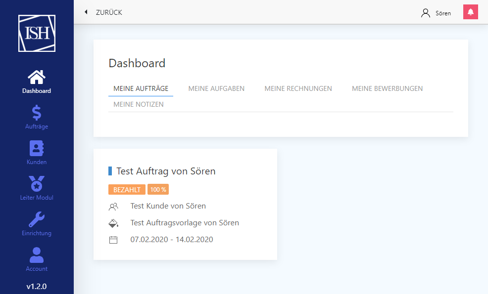 Dashboard von ISHyou mit Aufträgen, Aufgaben und Rechnungen